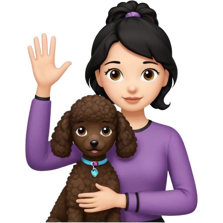 Ponytail black hair girl with brown Poodle say goodbye  emoji