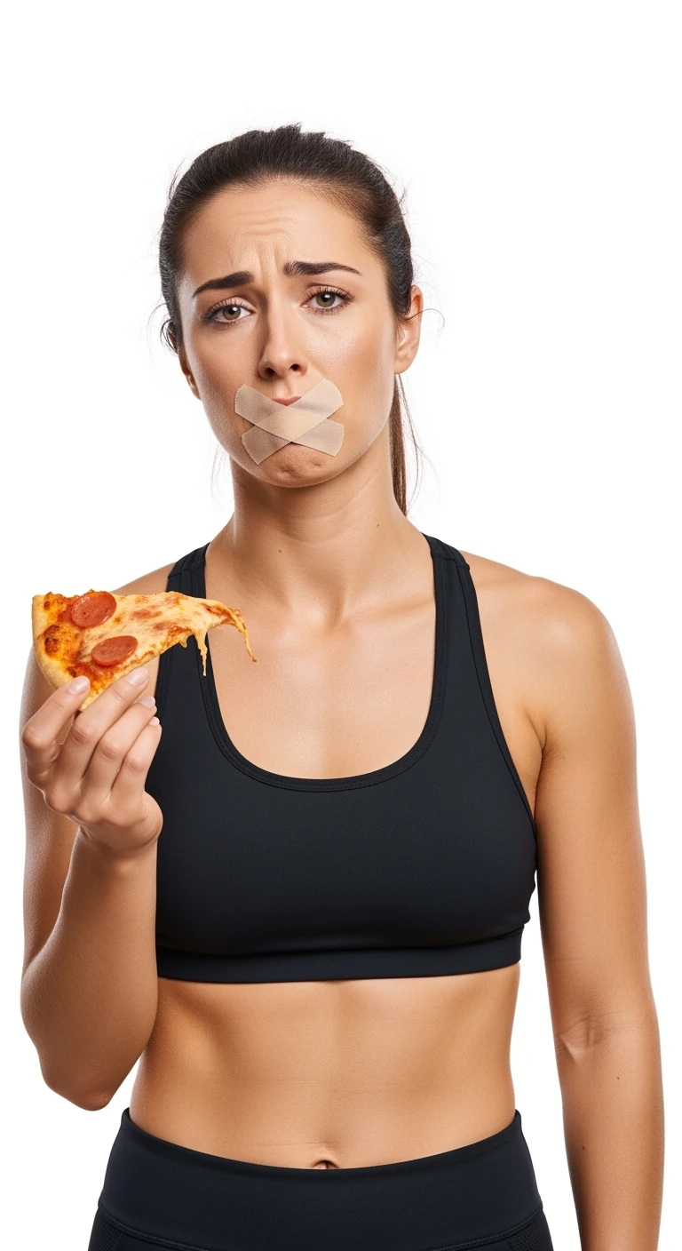 donna fitness con una fetta di pizza in mano ed espressione molto triste e stanca, scotch a croce sulla bocca, sfondo bianco emoji
