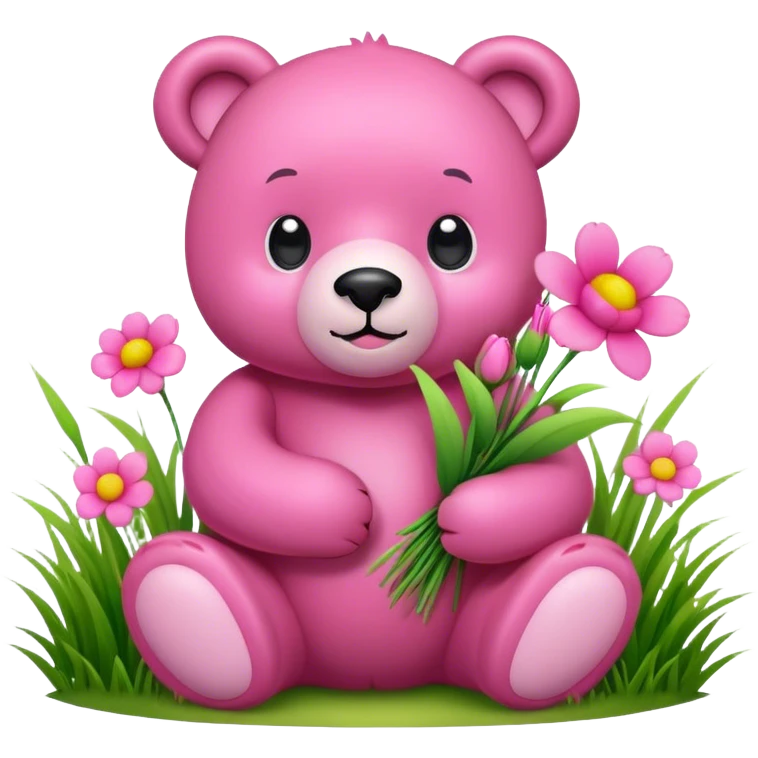 pink bear holding flowers in a grass  emoji