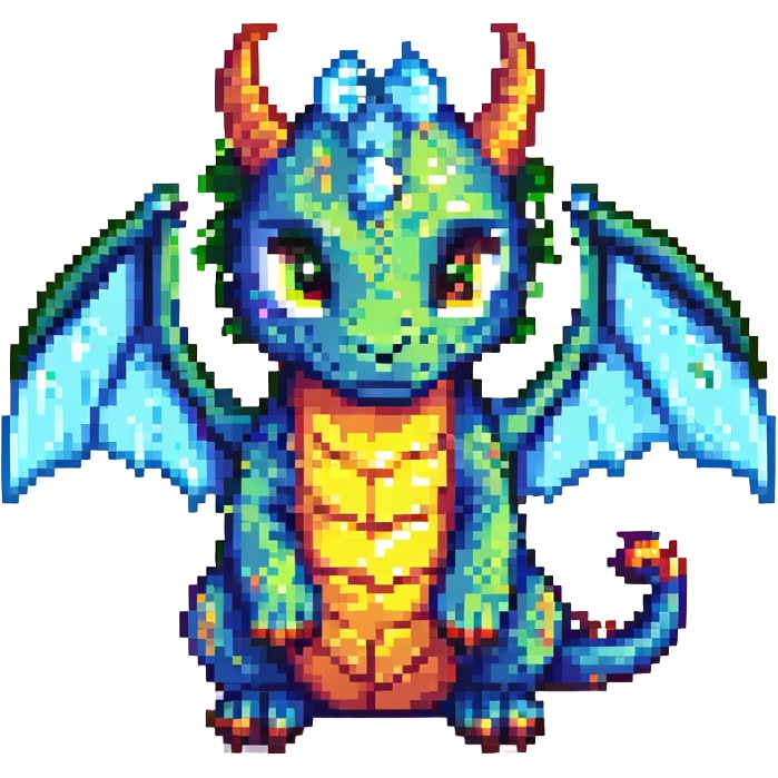pixel art dragon with tiny wings, chibi proportions, bright palette emoji