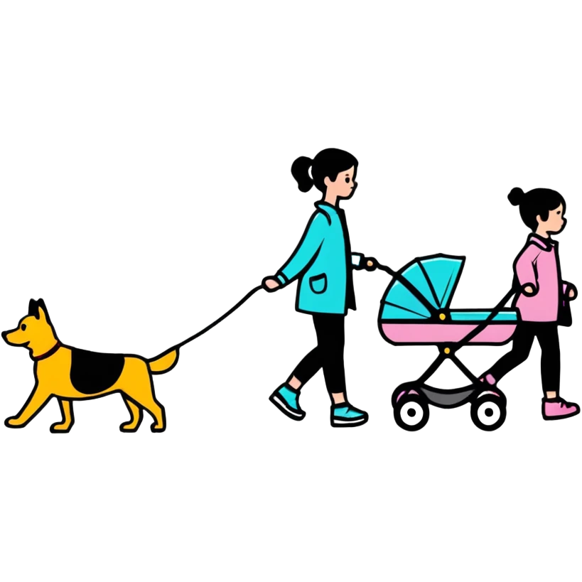 girl walking with a stroller and dog on a leash, bold lines emoji