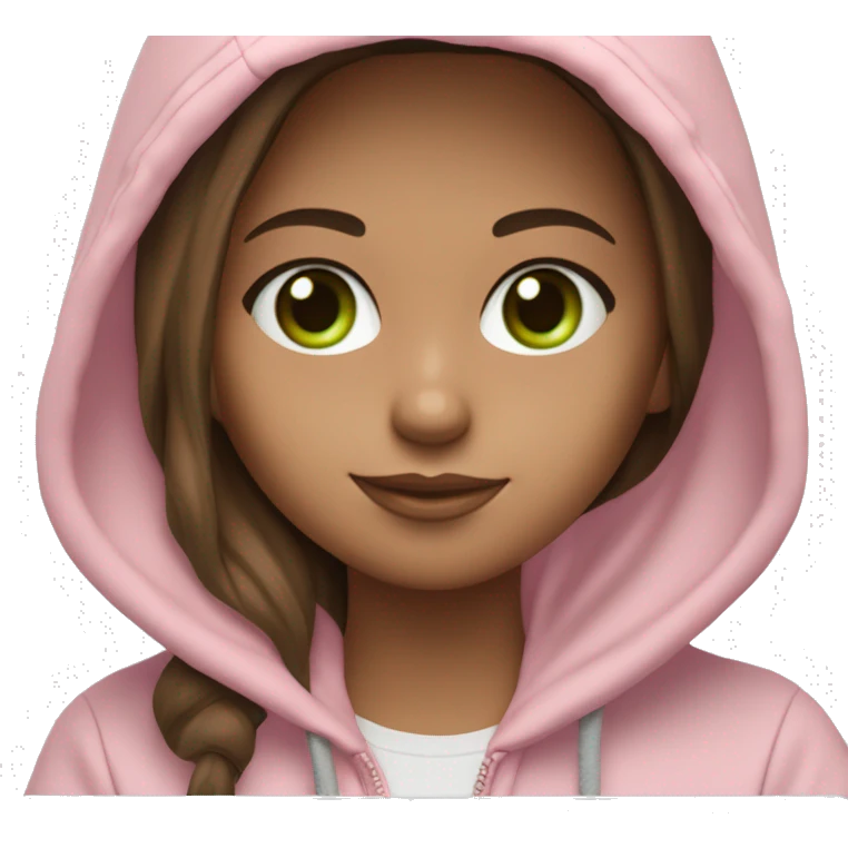 a girl with brown long hair, fair skin, green eyes, is working relaxed at a modern laptop in a monochrome pale pink zip hoodie with a hood and a pink monochrome T-shirt emoji