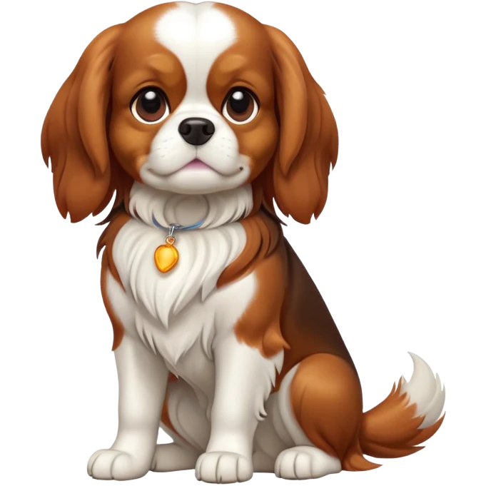cinematic-[cavalier king charles dog]-realistic-full-body-sitting-emoji,-tail-resting-loosely-beside-its-paws,-head-tilted-dramatically,-sleek-[brown and white]-fur,-simplified-yet-realistic-focused-features,-highly-detailed,-glowing-with-an-almost-sarcastic-glow emoji