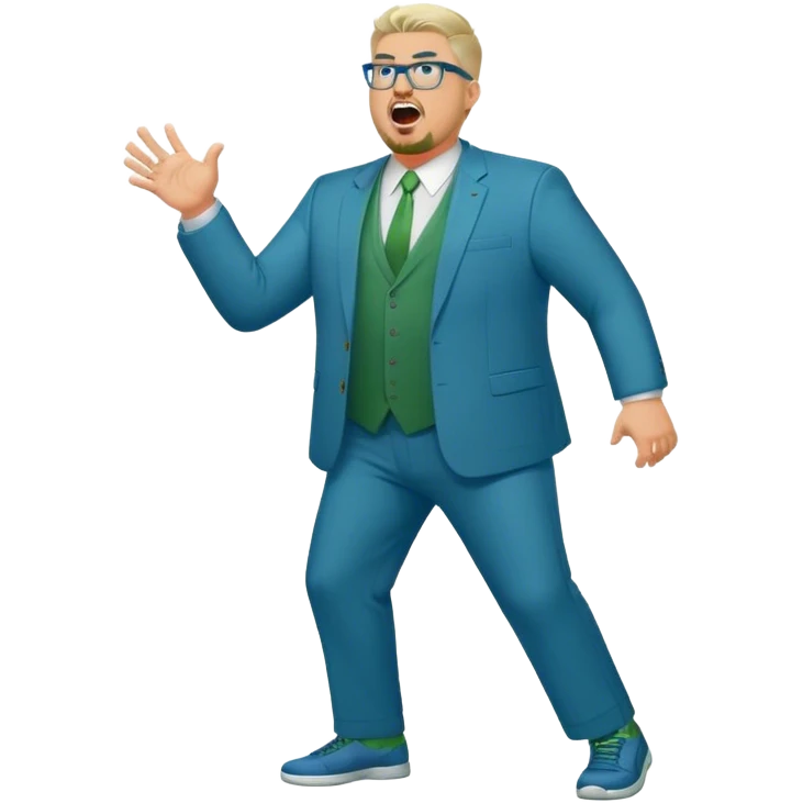 Full Body plus size white male yelling basketball team manager with glasses blondish gray short hair with a goatee wearing blue and green suit emoji