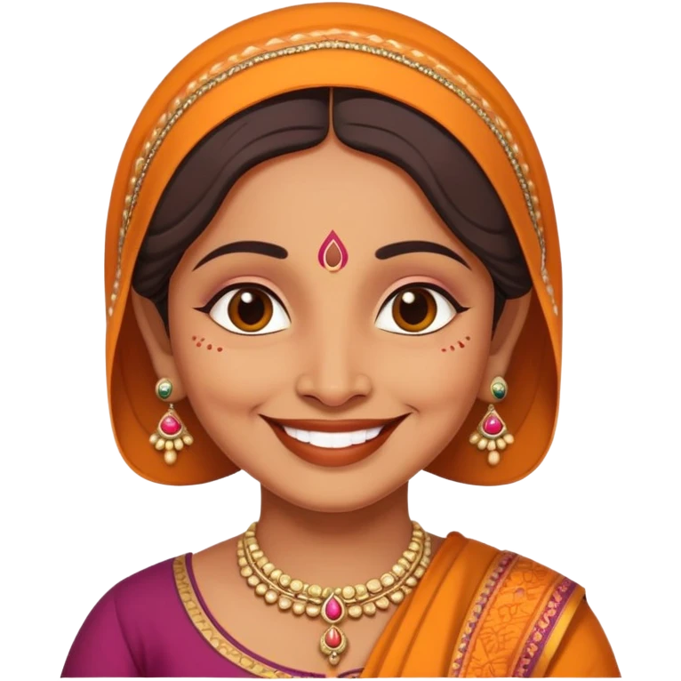 A cheerful Indian aunt (mausi) character with a plump face, smiling, wearing traditional Indian clothing and a bindi emoji