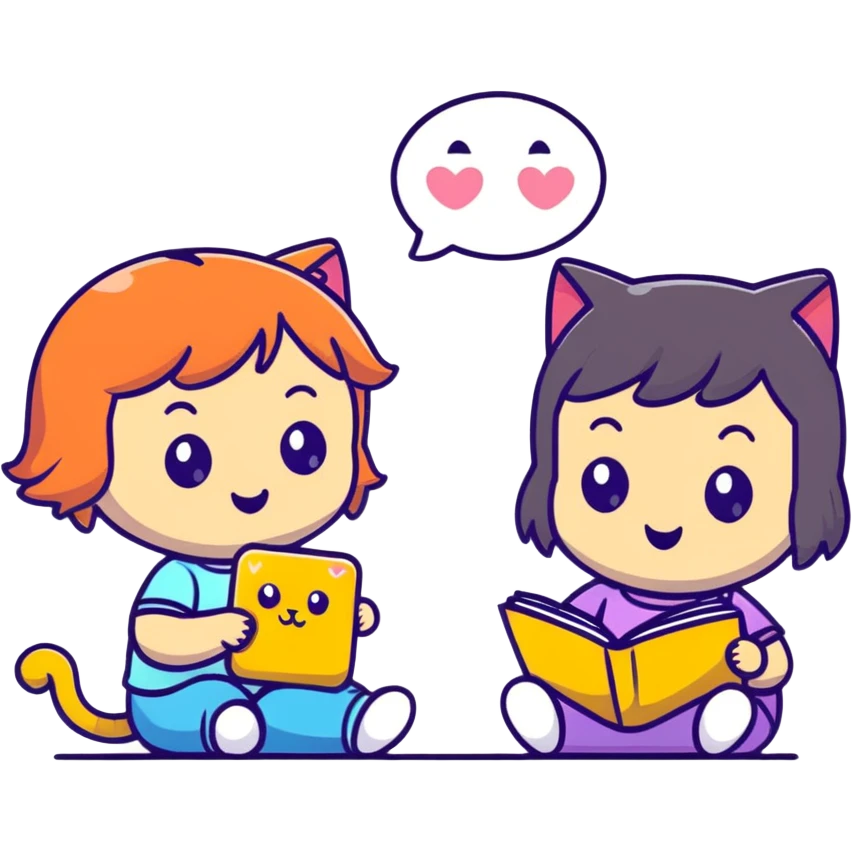 two girls watching a cute kitty drawing an emoji, playful cartoon style emoji