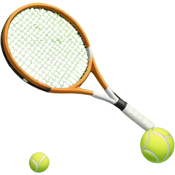 A tennis racket and ball positioned on a grass court, with the net and lines clearly visible in the background. The scene emphasizes the classic elements of the sport, capturing the energy and precision of a tennis match. emoji