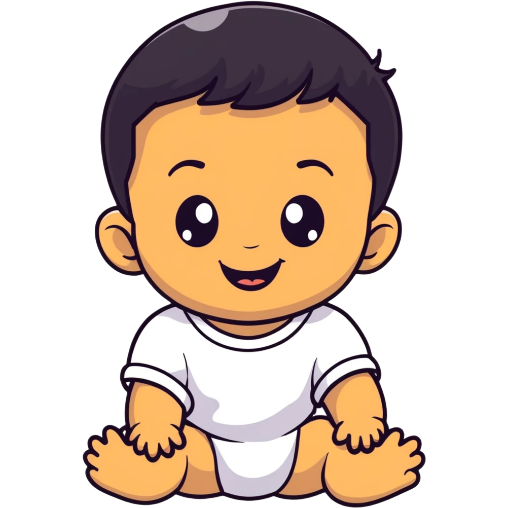 Smiling baby boy face with big eyes, medium skin tone, and black hair emoji