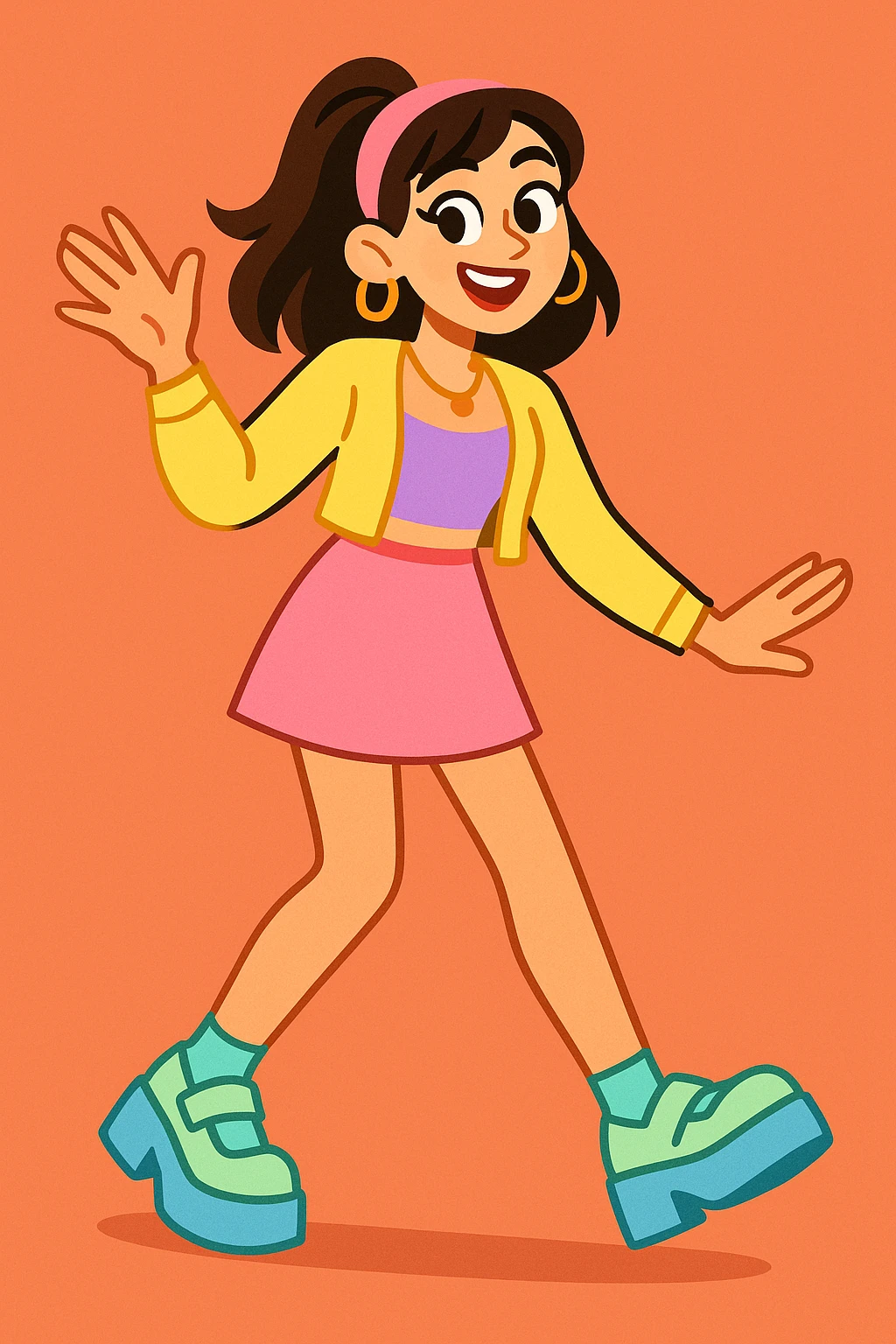 dressed up woman in a cool Gen Z look, pastel colors, mini skirt, platform shoes, fun and energetic expression emoji