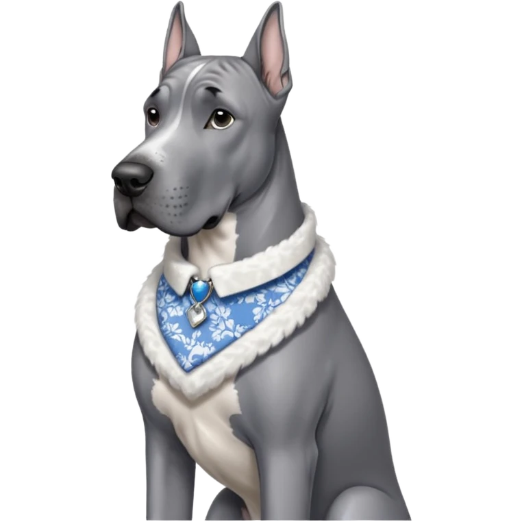 Gray Great Dane with white and blue toile collar on  emoji