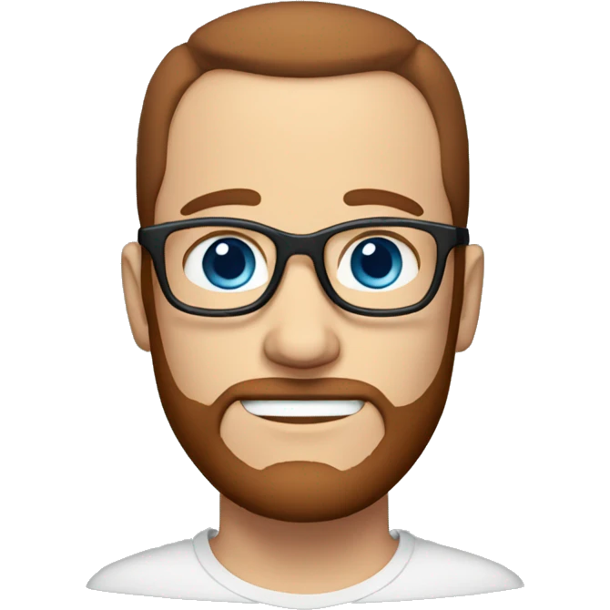 white dude, blue eyes, dark red hair, receding hairline, glasses, beard emoji