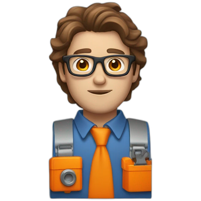 a guy with brown hair, square glasses, an orange repairman's suit, blue eyes, with a chainsaw emoji