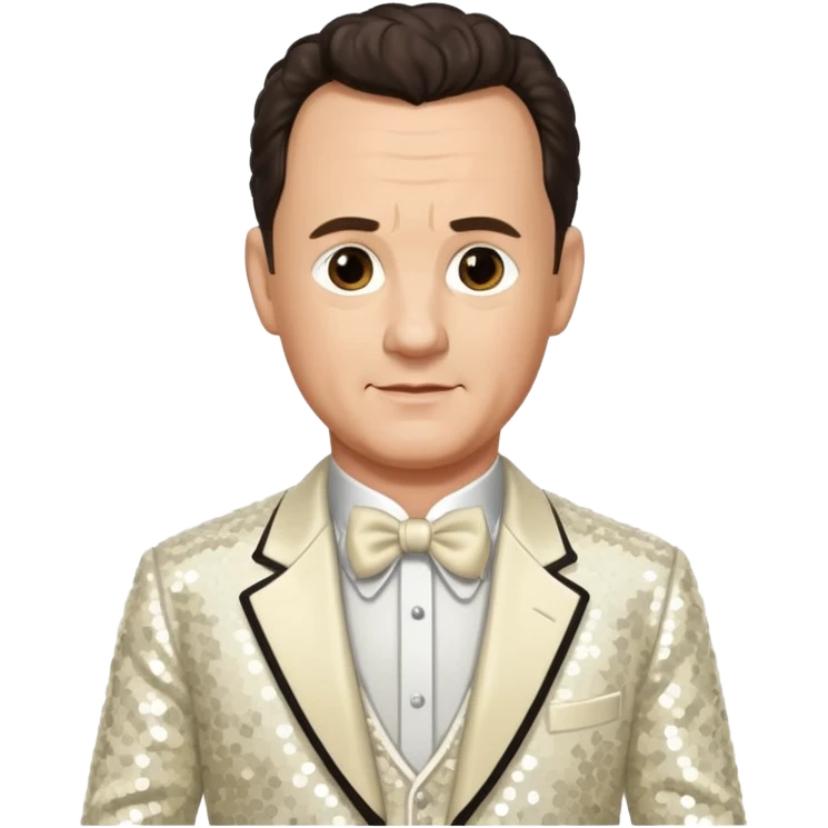 Tom Hanks with dark brown hair, ivory sequin outfit emoji