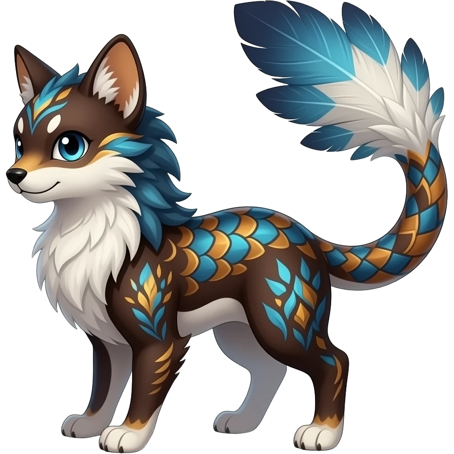 Floral-patterned majestic feathery elegant realistic stylish Furry, fluffy tropical painted feathery scaly, dark-brown, sanguine, sapphire-blue, white, Minccino-Bambino-Lykoi-Linoone-Zangoose-fusion-hybrid-animal-Fakémon-creature, full body, thin long sleek scaly tail, intricate markings emoji
