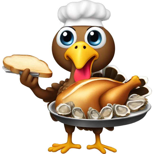 Turkey holding burning slice of toast and pan of oysters emoji