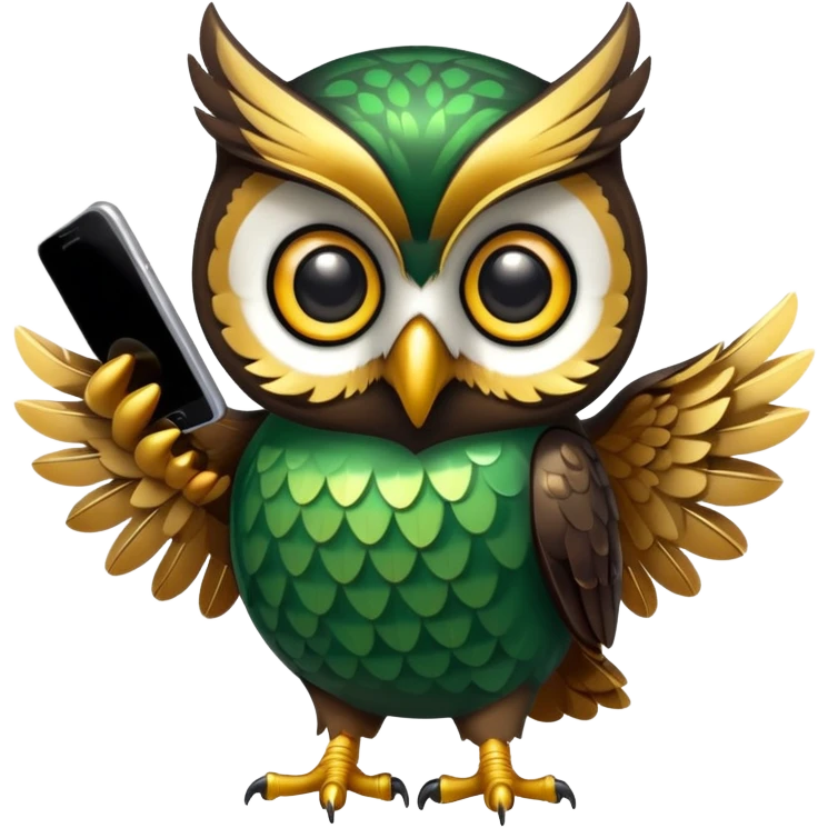Black Green golden owl with shiny feathers. Holds a phone in the wing emoji