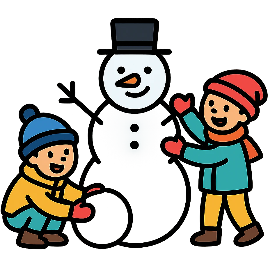 kids building a snowman, cheerful and clear emoji