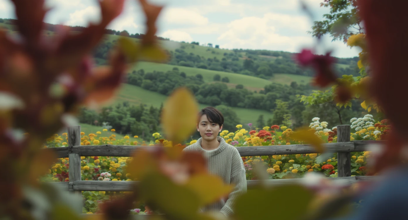 A portrait of a person in the foreground, blurred plants in the foreground (frame within a frame), a wooden fence and colorfull flowers in the midground, rolling hills in the background, cinematic depth of field, layered composition, natural lighting emoji