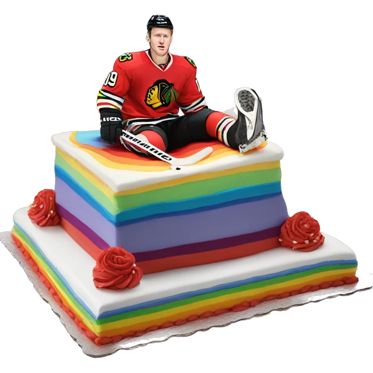 Jonathan Toews laying on a rainbow cake emoji