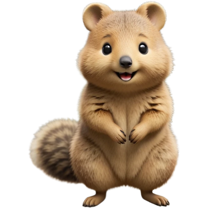 cinematic-quokka-realistic-full-body-standing on its hind legs hunched over-emoji,-small-round-frame-balanced-on-tiny-strong-hind-legs,giant fluffy cheeks large smile-fluffy-brown-fur-radiating-a-warm-softness,-big-round-eyes-filled-with-joy-and-innocence,-tiny-clawed-paws-held-close-to-chest,-cheerful-smile-exuding-endearing-happiness,-simplified-yet-realistic-focused-features,-highly-detailed,-glowing-with-a-sunny-warmth emoji