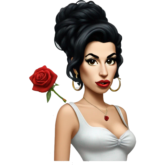 Amy Winehouse with nose piercing, hoops and red rose in hair emoji