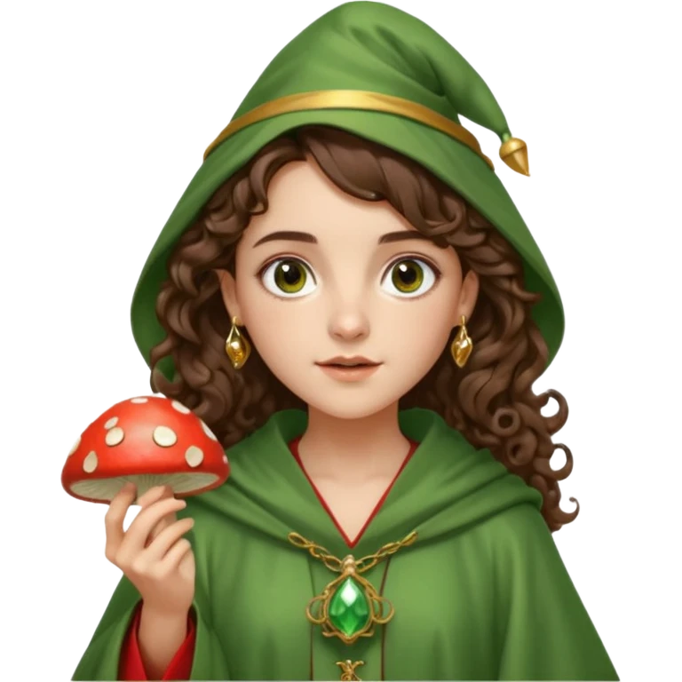 very beautiful italian girl, dark brown eyes, looking like Emma Watson, with curly and big volume very bright brown hair, and a golden piercing ring in nose on left side, dressed in a beautiful wizard robe of green colors, holding red fly mushroom emoji
