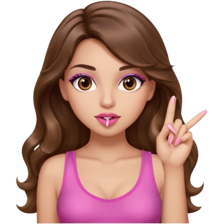 girl with long wavy brown hair, brown eyes, light to medium complexion, in a pink sexy top, pink lips, long lashes, silent motion with the hand one finger up by the mouth emoji