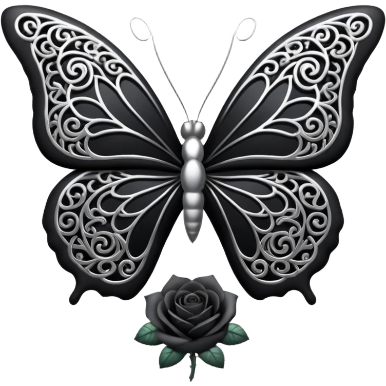 Black and silver filigree rose with a stunning butterfly, 3D, extremely detailed design emoji