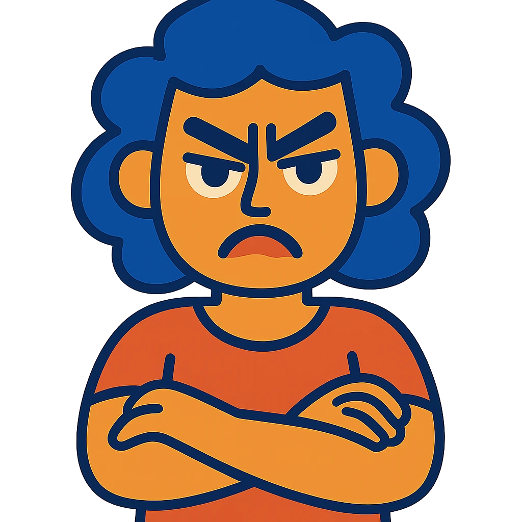 a person with a furrowed brow and frown, annoyed and frustrated, vibrant toon style, arms crossed emoji