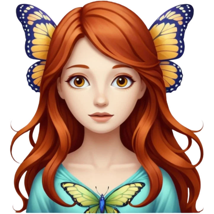 Woman with long flowing auburn hair wearing a butterfly emoji