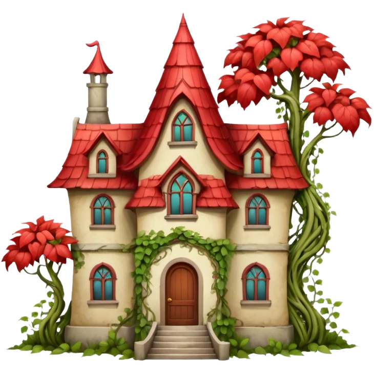an old magic house with Tall crooked building with red roof.

 emoji