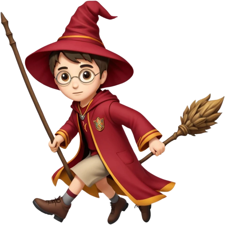 Cartoon-style illustration of Harry Potter flying on a broomstick, Gryffindor red and gold outfit, expressive face, dynamic motion, magical vibe, smooth shading, vibrant colors, no background, transparent background, isolated character. emoji