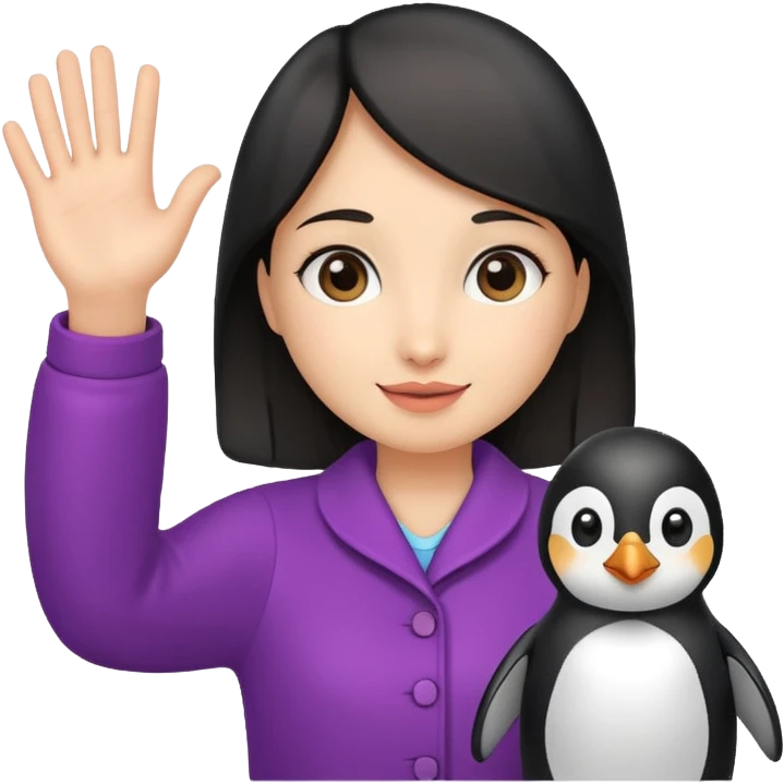 Girl waving hello while holding a penguin emoji