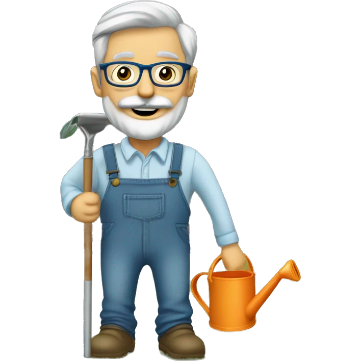 I want a cartoon graphic for a man, with a belly, square face, grey hair, grey thin beard, thin mustache, rectangular eyeglasses, moutg opened, wearing blue jeans, watering the soil with a watering can, outdoor, a glass building behind. emoji