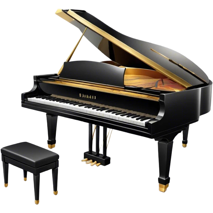 Cinematic Realistic Piano, glossy black grand piano with elegantly curved edges, pristine white and black keys, soft golden light reflecting off its polished surface, faint reflections of a musician’s hands, glowing with refined elegance and musical depth. emoji
