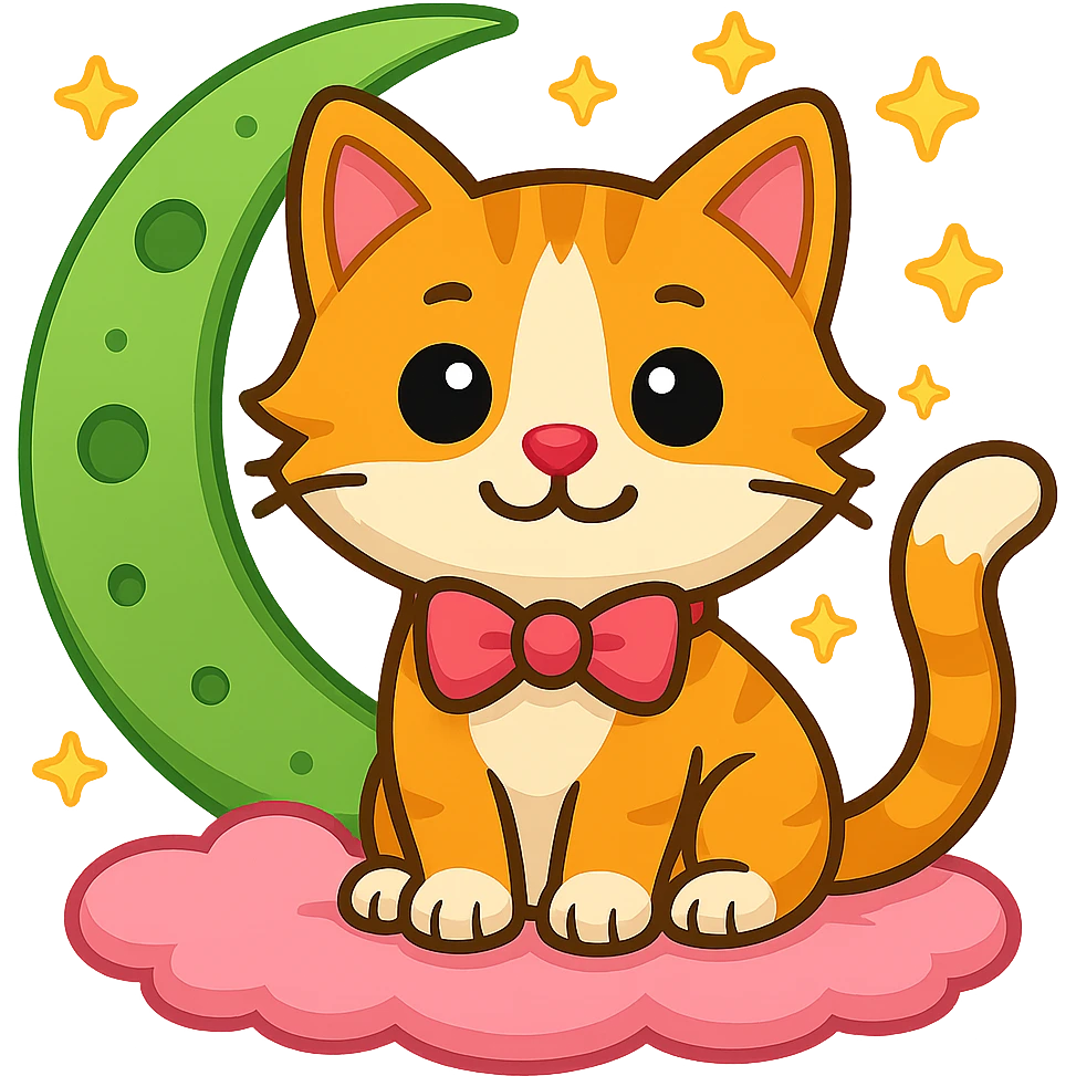 Add small yellow stars around the green moon, keep the cat with pink bow, in emoji style with no background. emoji