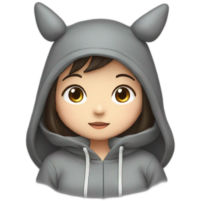 Fille Brune avec un sweat-capuche Totoro gris foncé avec les rond clair de Totoro sur ventre  emoji