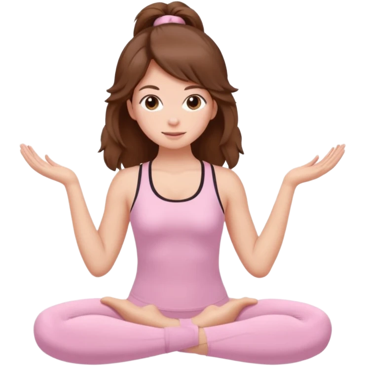 brown hair girl wearing light pink pilates clothes, fluffy medium hair and brown eyes emoji