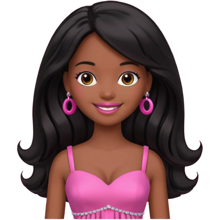 Make skin Darker skin Black barbie, long black  hair, pink dress emoji