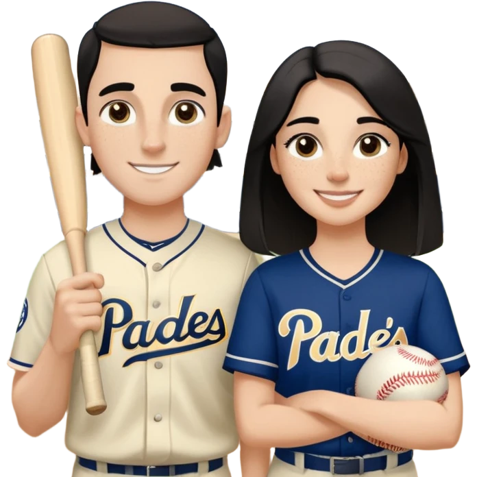 White Smiling couple. Girl has medium cheeks and a lot of freckles on the nose. Long hair. The boy has black short hair and prominent eyebrows with egipcian nose. Both are wearing “Los Padres” baseball jerseys and with a sign that says “Go Padres” emoji