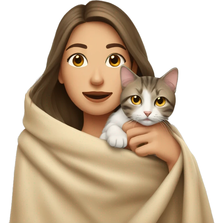 pretty woman petting cat in beige blanket emoji