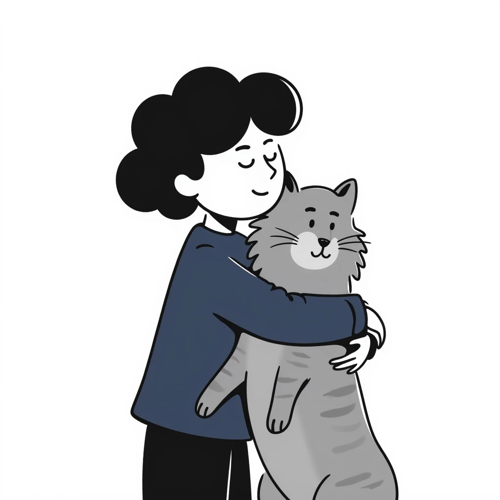 Brunette girl with dark blue sweatshirt snuggling a fluffy grey Siberian cat, warm embrace emoji