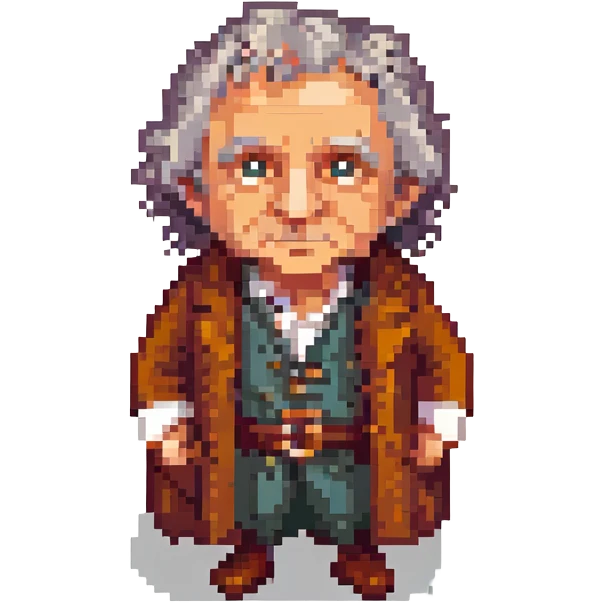 Whole body image of bilbo baggins from the lord of the rings the fellowship of the ring movie in pixel art style. Bilbo is old. Make Bilbo look like the actor that portrayed him in the movie, Ian Holm. emoji