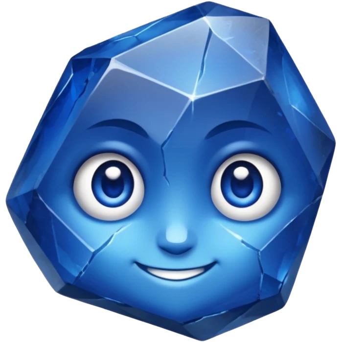 A single sapphire-blue faceted rock head, chunky and worn, with a few visible cracks and chipped facets but still shiny, big kind eyes and a confident smile emoji