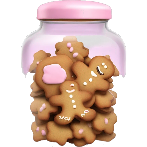 Realistic glass cookie jar with light pink lid full of gingerbread cookies isolated.  emoji