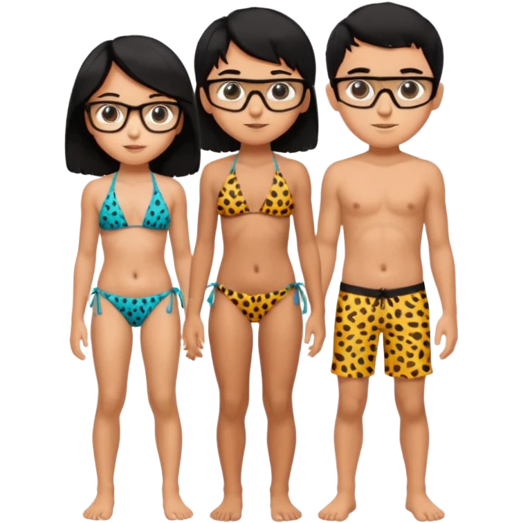 black haired girl with big boobs wearing a cheetah print bikini standing with a boy with black hair wearing glasses and shirt less girl with no glasses emoji