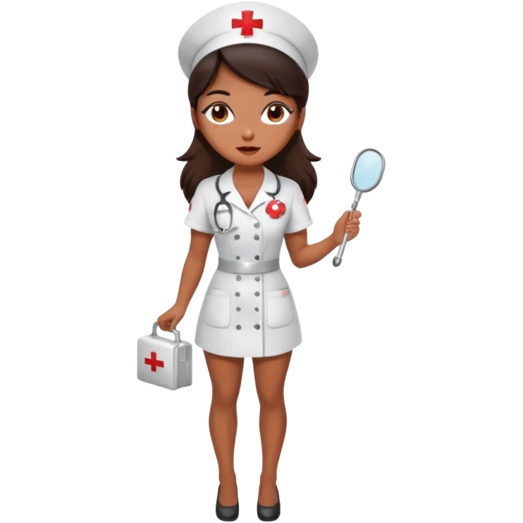 A sexy girl. with caramel skin. Dark brown hair and brown eyes. She has freckles. Wearing sexy makeup. Dressed as a sexy nurse. Full body emoji