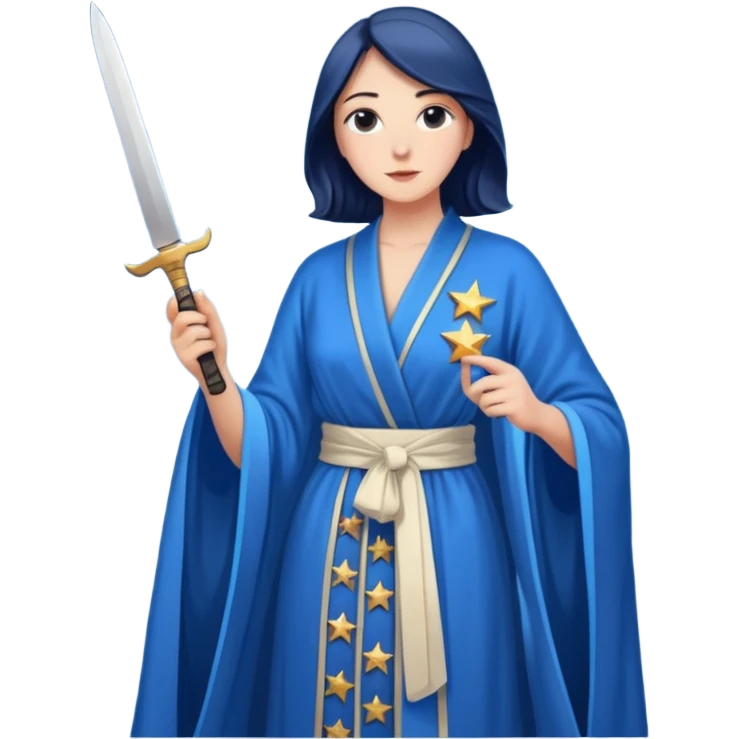 An upright Europe (a tall woman), wearing a blue, flowing robe with stars on the hem, and behind her stands Chancellor Merz, holding a knife toward her back emoji