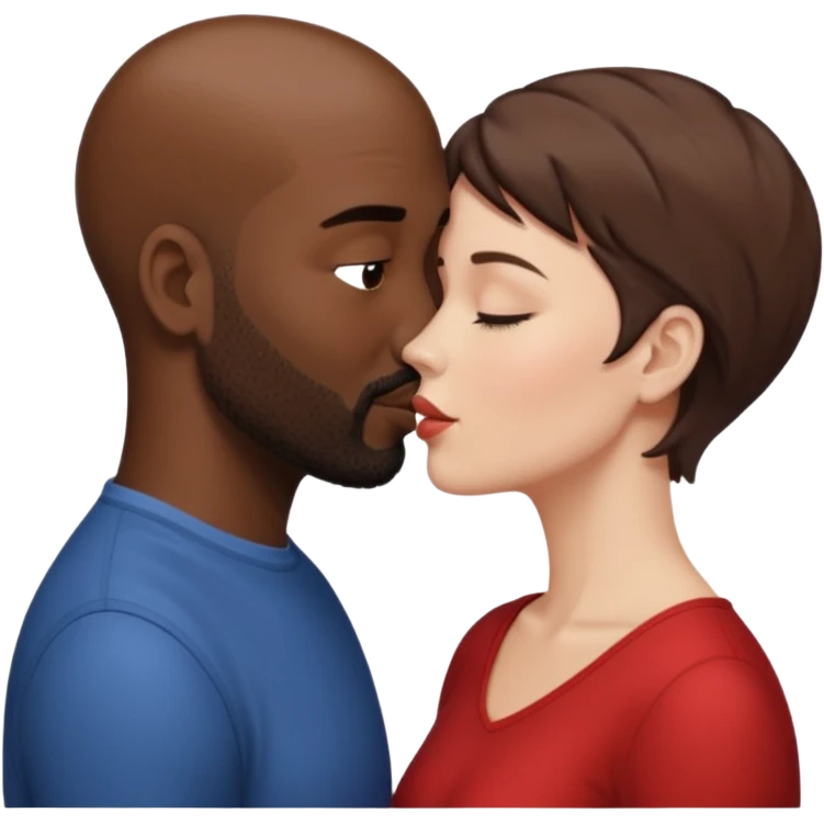 a white woman with short brown hair and a black man with no hair and a beard are facing one each other and the woman is giving a kiss to the man's forehead emoji
