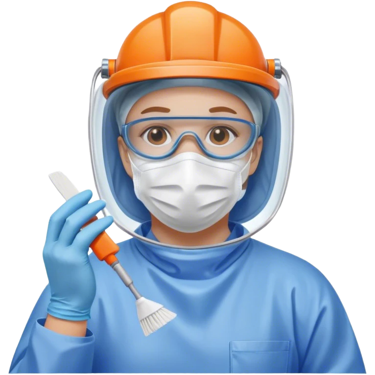 A meticulous cleanroom worker dressed in full protective gear, including a blue sterile suit, a face mask,  and orange gloves.  cleaning glasses with a wipe in one Hand emoji